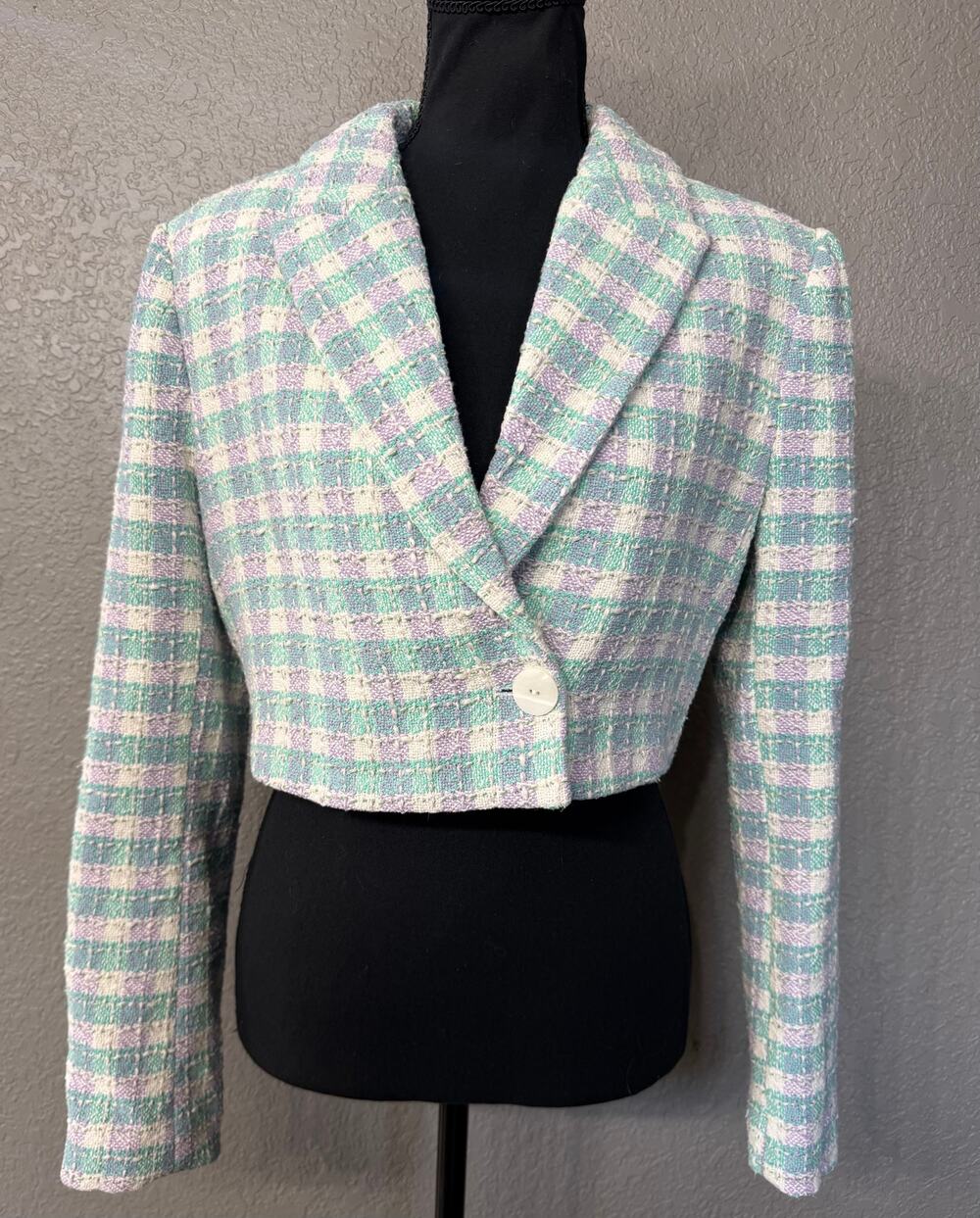 Zara Womens Sz M Purple Teal Plaid Tweed Cropped One Button Blazer Jacket
